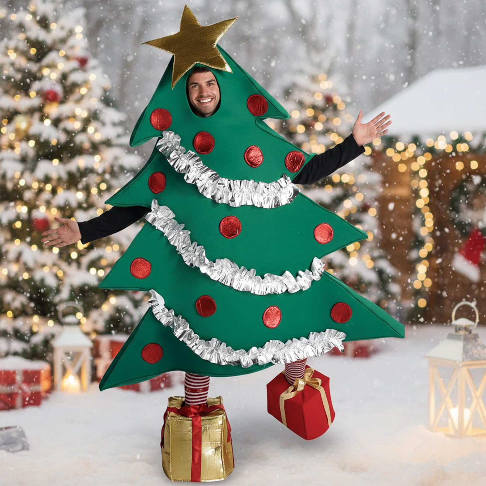 Crittygo Adults Christmas Tree Costume, Christmas Costume Men Women, Green Xmas Tree Fancy Dress Outfit + Gift Shaped Shoes - Image 4