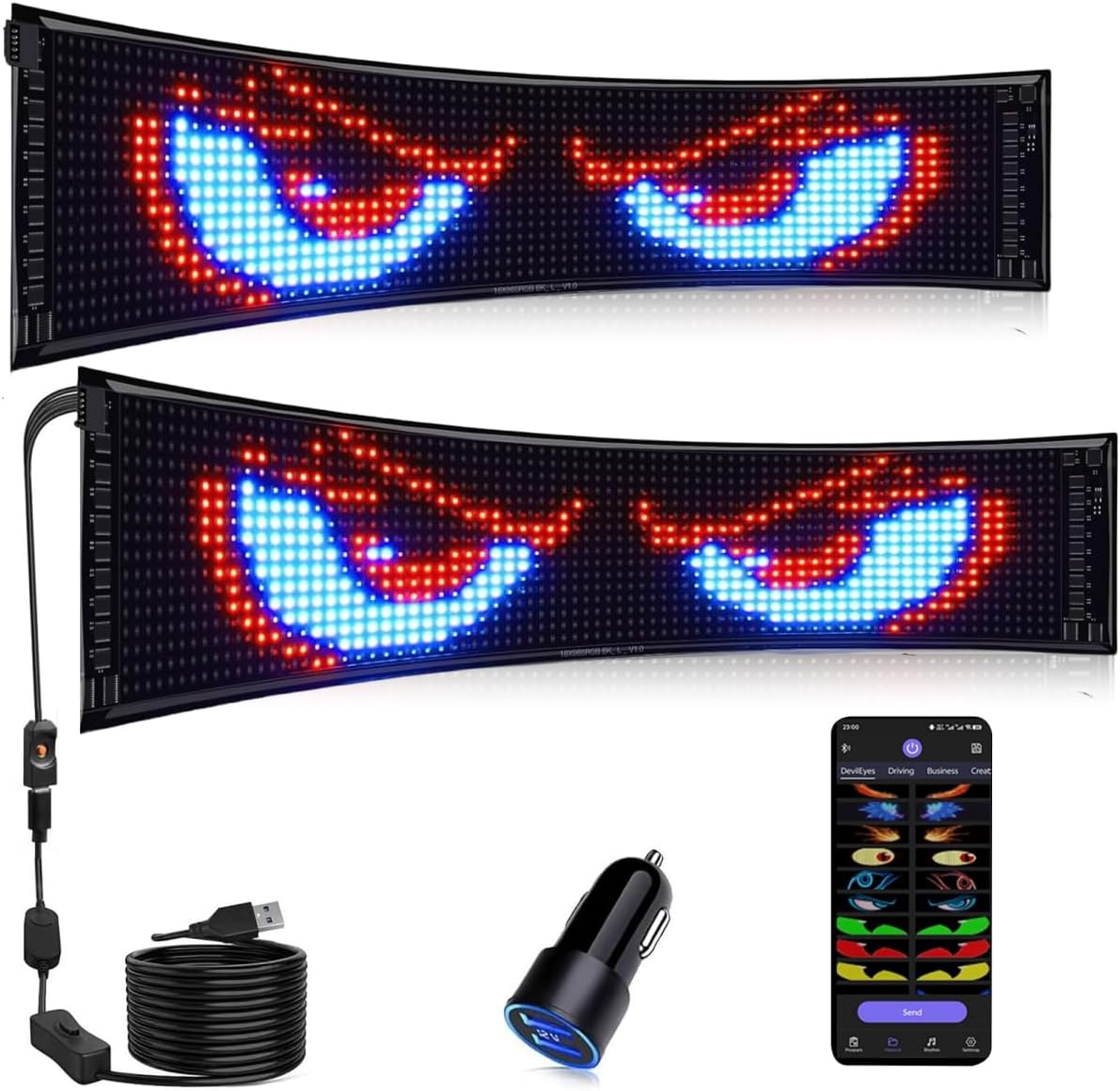 JDVOOTD Set of 2 Devil Eyes LED Scroll Display (37 x 9.2 cm) - Programmable Flexible with Auto Sync - Bluetooth App for Car/Truck, Thin Devil Eyes Light Signs with Digital Clock