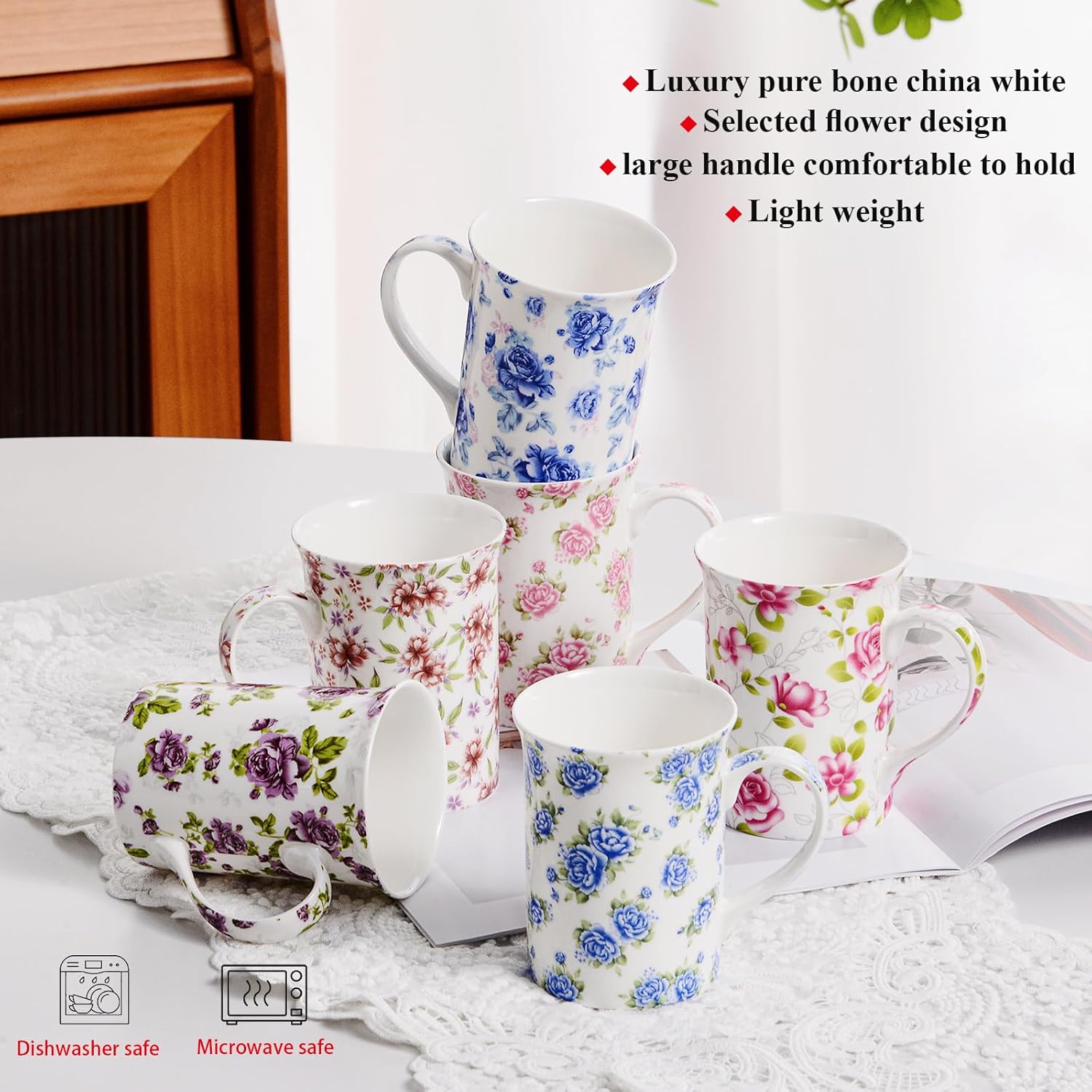 Luxury Fine Bone China Porcelain Coffee Mug Floral Design, Thin Wall and Light Weight With Large Handle Comfortable To Hold, Ceramic Tea Cups, Women Gifts, Dishwasher and Microwave Safe - Image 4