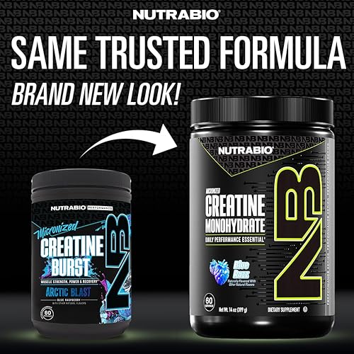 Miniatura 2 de NutraBio Suplemento en polvo de monohidrato de creatina micronizada pura, Blue Razz Burst (10.58 oz)  Apoya la energía muscular a granel, la