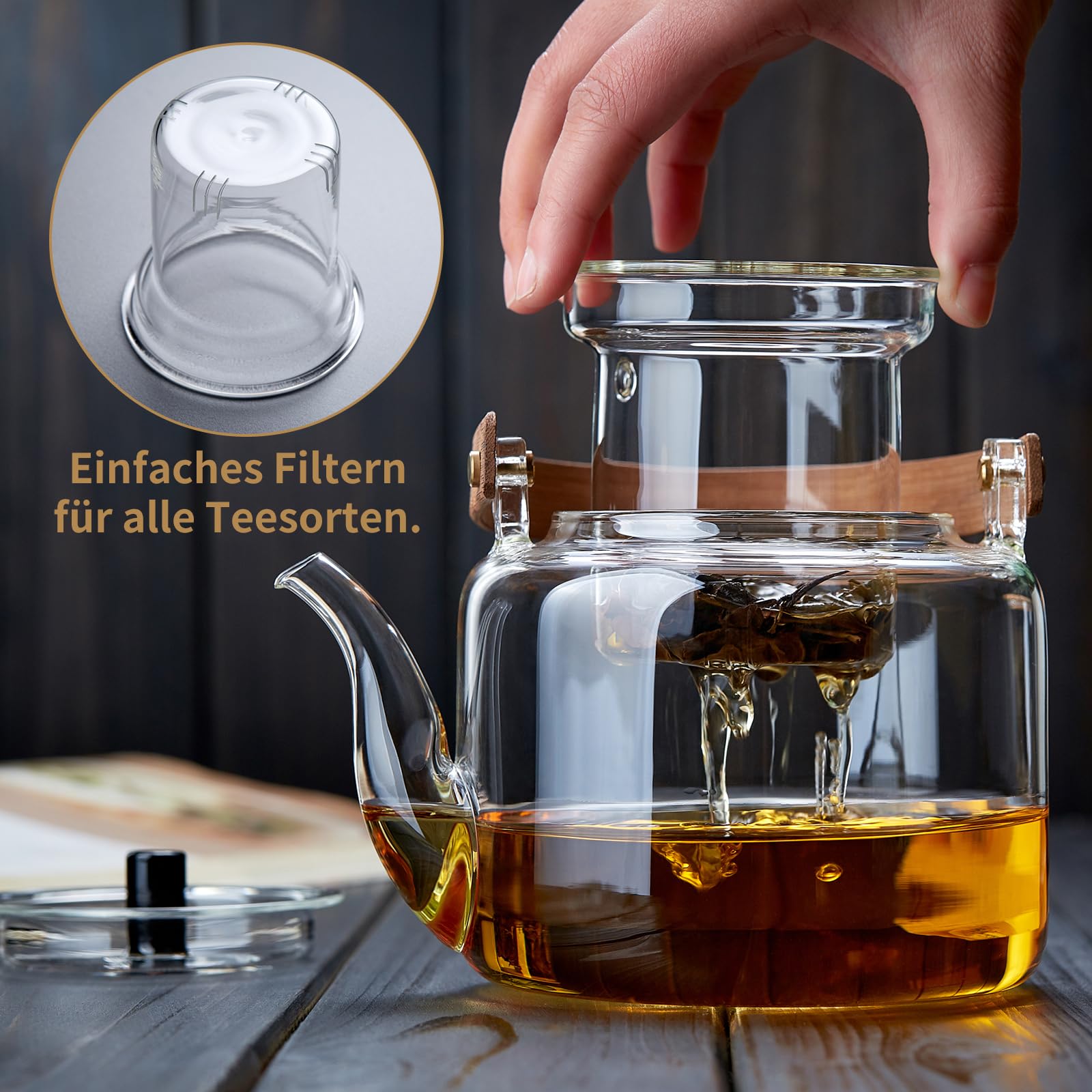MESNEY Teekanne mit Siebeinsatz 1100ml – Teekanne Set mit 4 Tassen – Borosilikatglas Glaskanne Tee für losen Tee – Hitzebeständig und Tropffrei