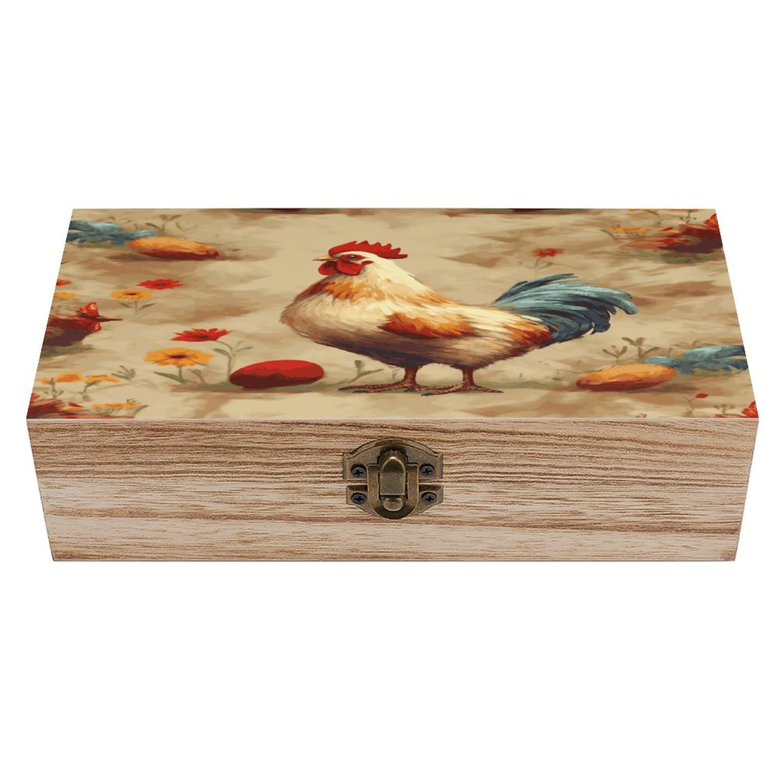 VstaDank Art Chicken Animal Painting Wooden Storage Box Wooden Keepsake Box with A Hinged Lid Fashion Memory Treasure Boxes Decorative Jewelry Case for Crafts Photo Home Decor Wood Gift Box