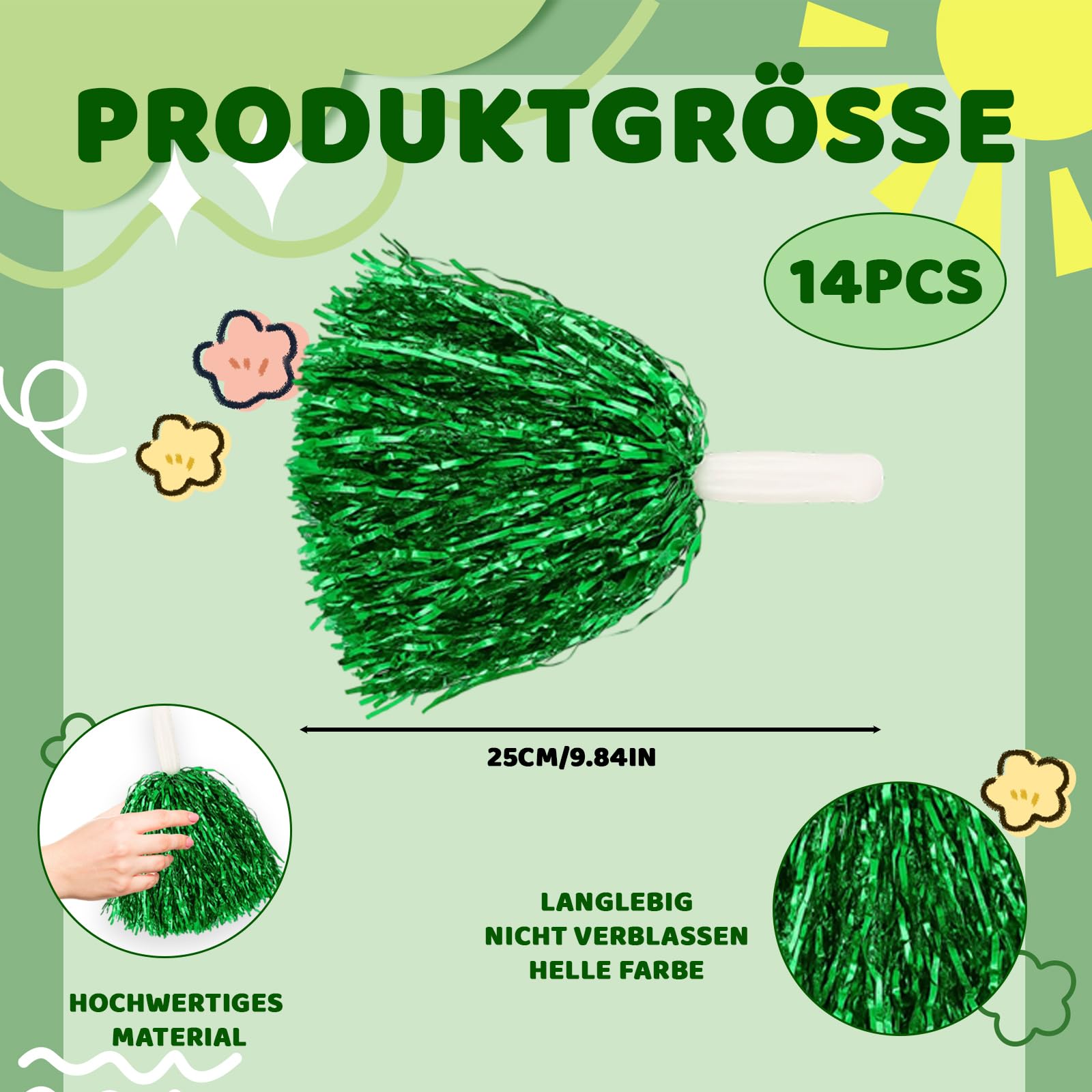 14 pompon da cheerleader, per eventi sportivi, danza, feste, eventi di squadra, 14 pezzi, rosso, verde, rosa, viola, argento, oro, nero