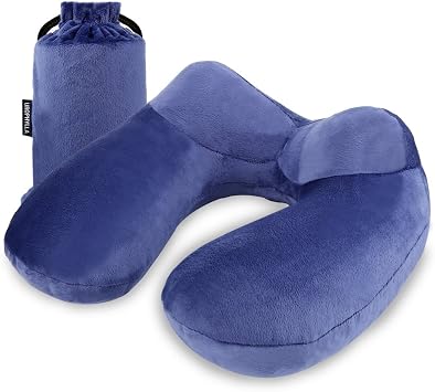 Inflatable Travel Pillow for Airplane, Soft Velvet Inflatable Travel Neck Pillow for Airplanes, Train, Car, Home and Office with Packsack & Comfortable Velvet - Blue