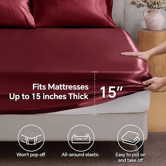 BEDELITE Satin Fitted Sheet King Size with Elastic Corner Straps, Luxury Soft Silk-Like Bed Sheet for Hair & Skin, 1 Deep Pocket Fitted Sheet Only Fits 15 Mattress, Fade & Wrinkle Resistant, Burgundy