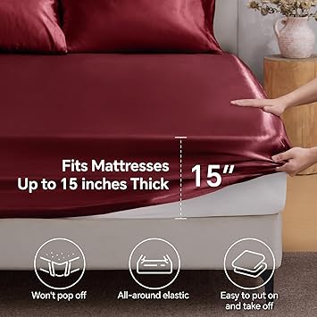 BEDELITE Satin Fitted Sheet King Size with Elastic Corner Straps, Luxury Soft Silk-Like Bed Sheet for Hair & Skin, 1 Deep Pocket Fitted Sheet Only Fits 15 Mattress, Fade & Wrinkle Resistant, Burgundy