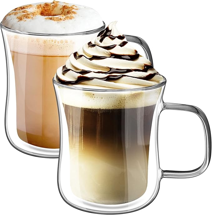 Double Walled Glass Mug 350ML, KAMEUN Set of 2 Latte Glasses with