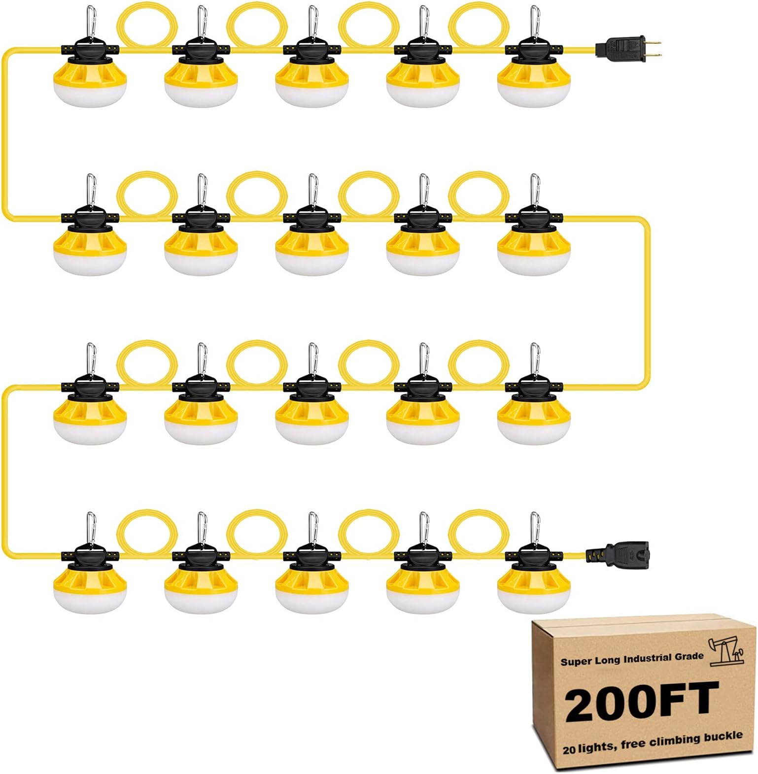 200FT Construction String Lights LED Industrial Grade Best for Construction Sites, Renovation, Walkways,Patio，Mine cave, Outdoor, and Other Outdoor Lighting Solutions Use,Free for Climbing Hook