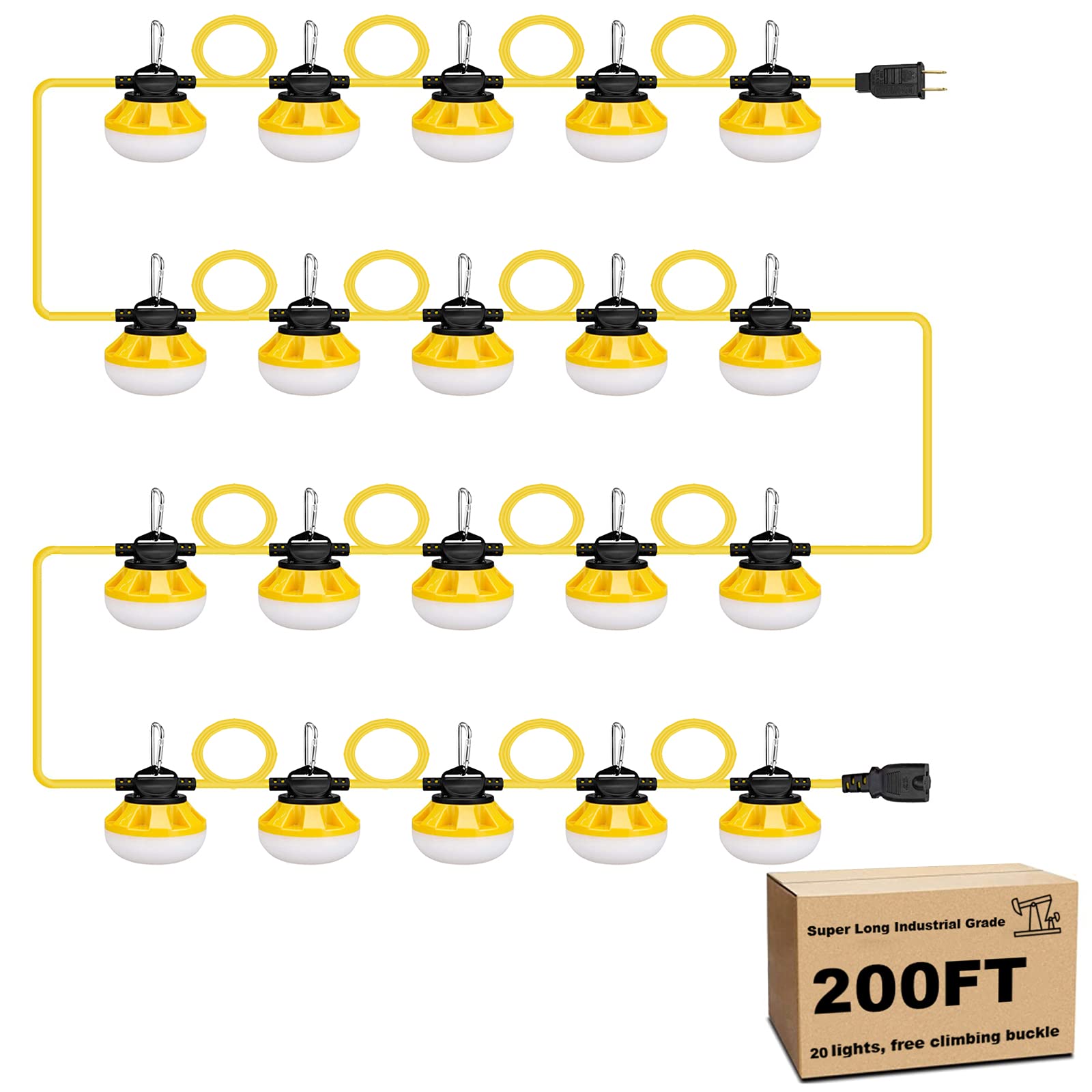 200FT Construction String Lights LED Industrial Grade Best for Construction Sites, Renovation, Walkways,Patio，Mine cave, Outdoor, and Other Outdoor Lighting Solutions Use,Free for Climbing Hook