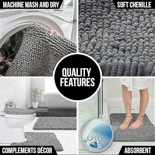Miniatura 9 de Gorilla Grip Alfombra de baño de felpilla y tapa de inodoro, ambos en color gris, tamaño de la alfombra de baño 30 x 20 pulgadas, tamaño de la tapa