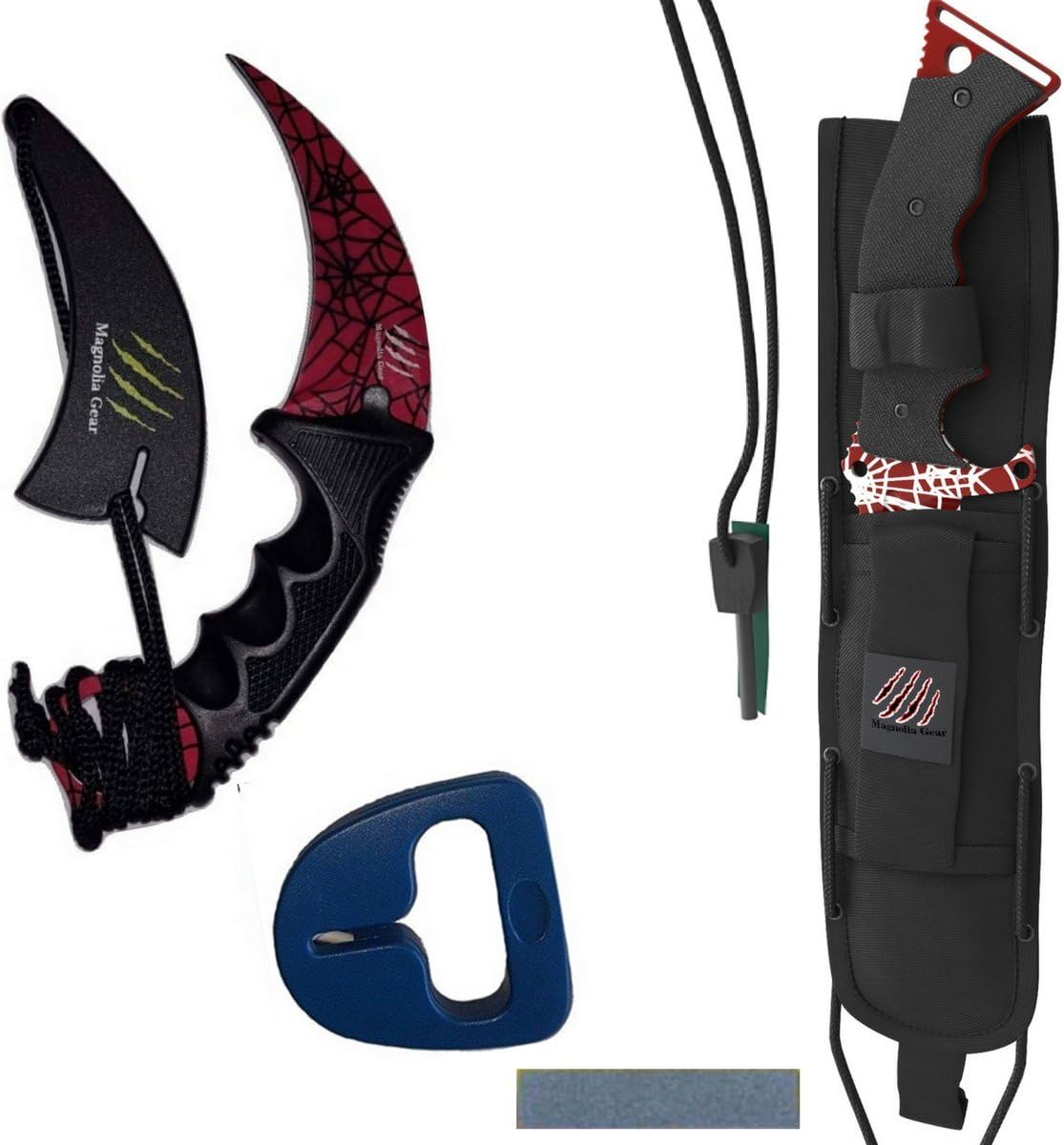 Karambit and Huntsman Knife 2 Piece Set | CSGO Skins | Karambit With Neck Knife Sheath and Sharpener | Huntsman with Whetstone and Fire Starter | Perfect Military Knife or Hunting Knife (Crimson)