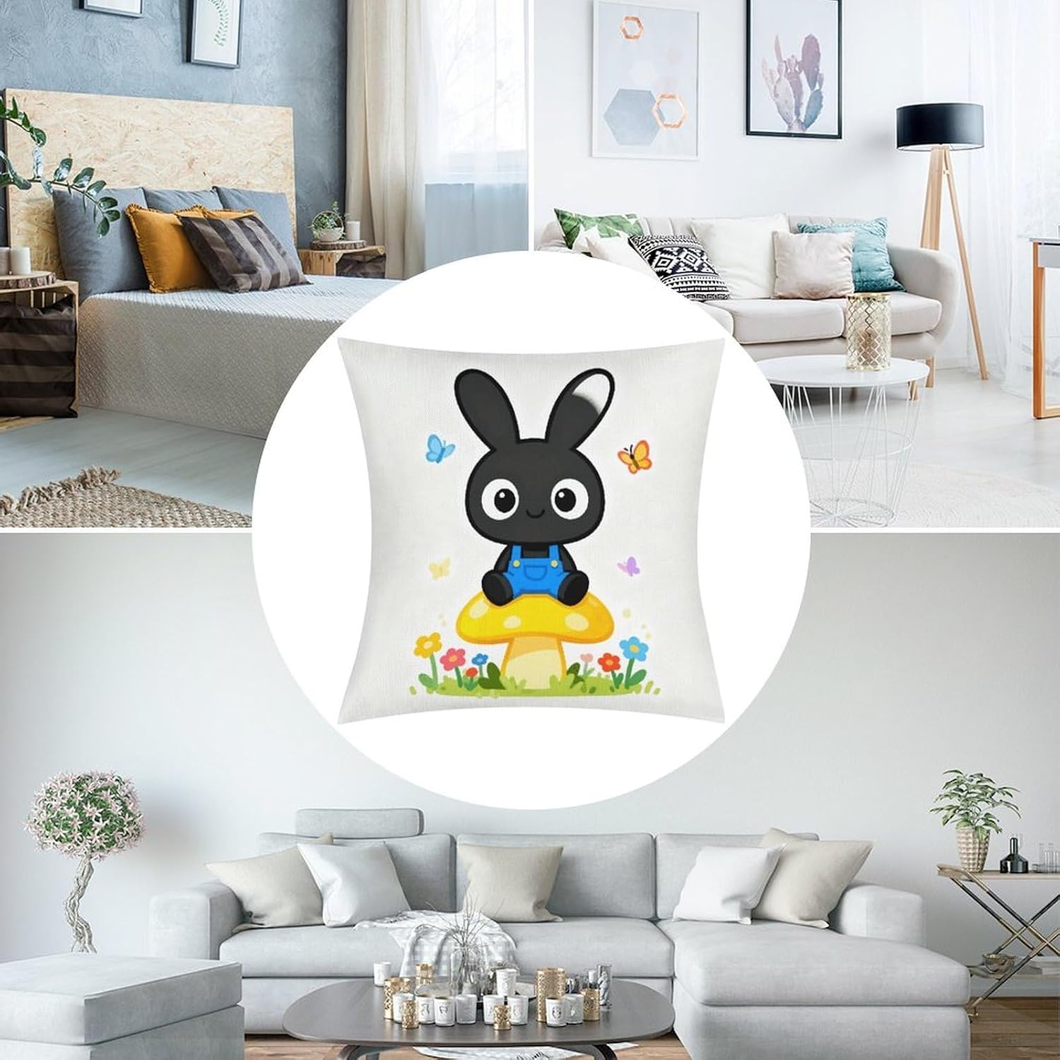 Black Rabbit Pillow Protectors Cute Waterproof Pillow Cover Soft Skin-Friendly Cushion Case Decorative Square Cushion Cover for Couch Sofa Bed Living Room Bedroom