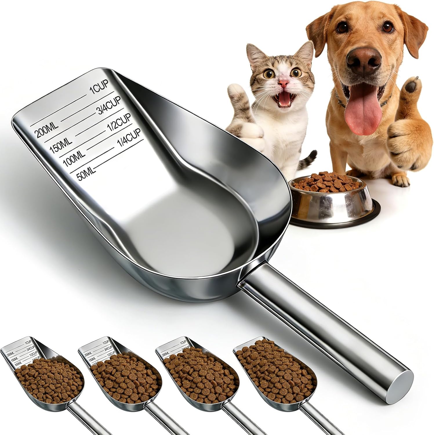 Mity rain Dog Food Scoop Stainless Steel with Long Handle, Precise Dog Food Measuring Cup 1, 3/4, 1/2, 1/4 Cup, Pet Scoop for Dogs, Cats, Rabbits, Animals, Metal Spoon for Dog Food Storage (1CUP)