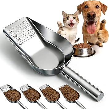 Dog Food Scoop Stainless Steel with Long Handle, Precise Measuring Cups | 1, 3/4, 1/2, 1/4 Cup, Pet Scoop for Dogs, Cats, Rabbits, Animals, Metal Spoon for Dog Food Storage 1CUP