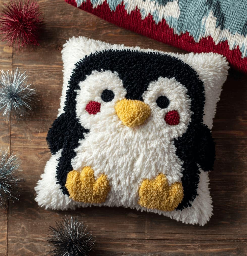Kitquiver Latch Hook Cushion Kit,Penguin DIY Throw Pillow Cover 43X43Cm