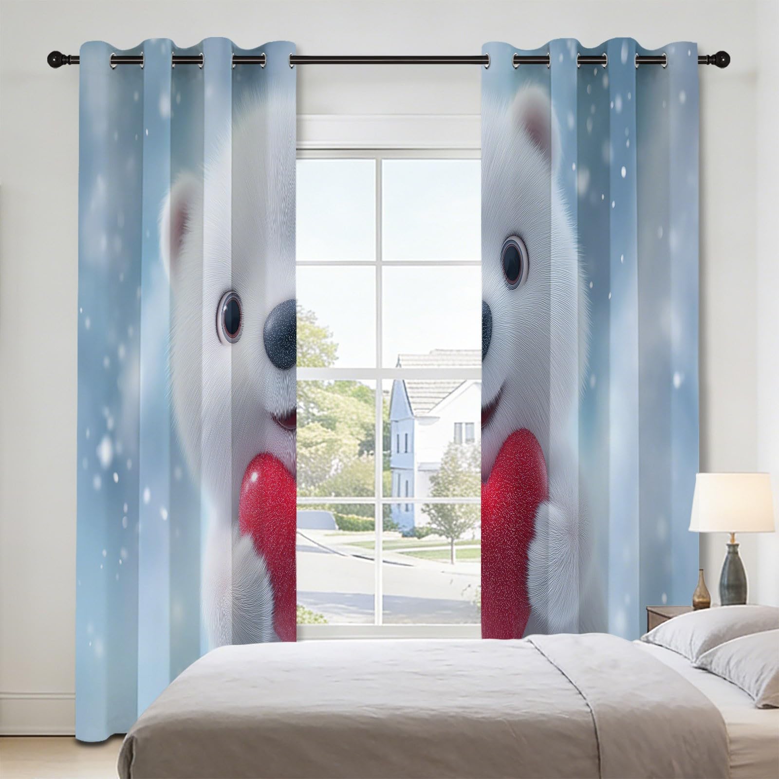 Termiczna zasłona zaciemniająca 2 panele niedźwiedź płatek śniegu kształt serca kreskówka dekoracja, salon okienne zasłony zaciemniające do sypialni łazienki i kuchni, dekoracja okna 140 l x 160 H cm