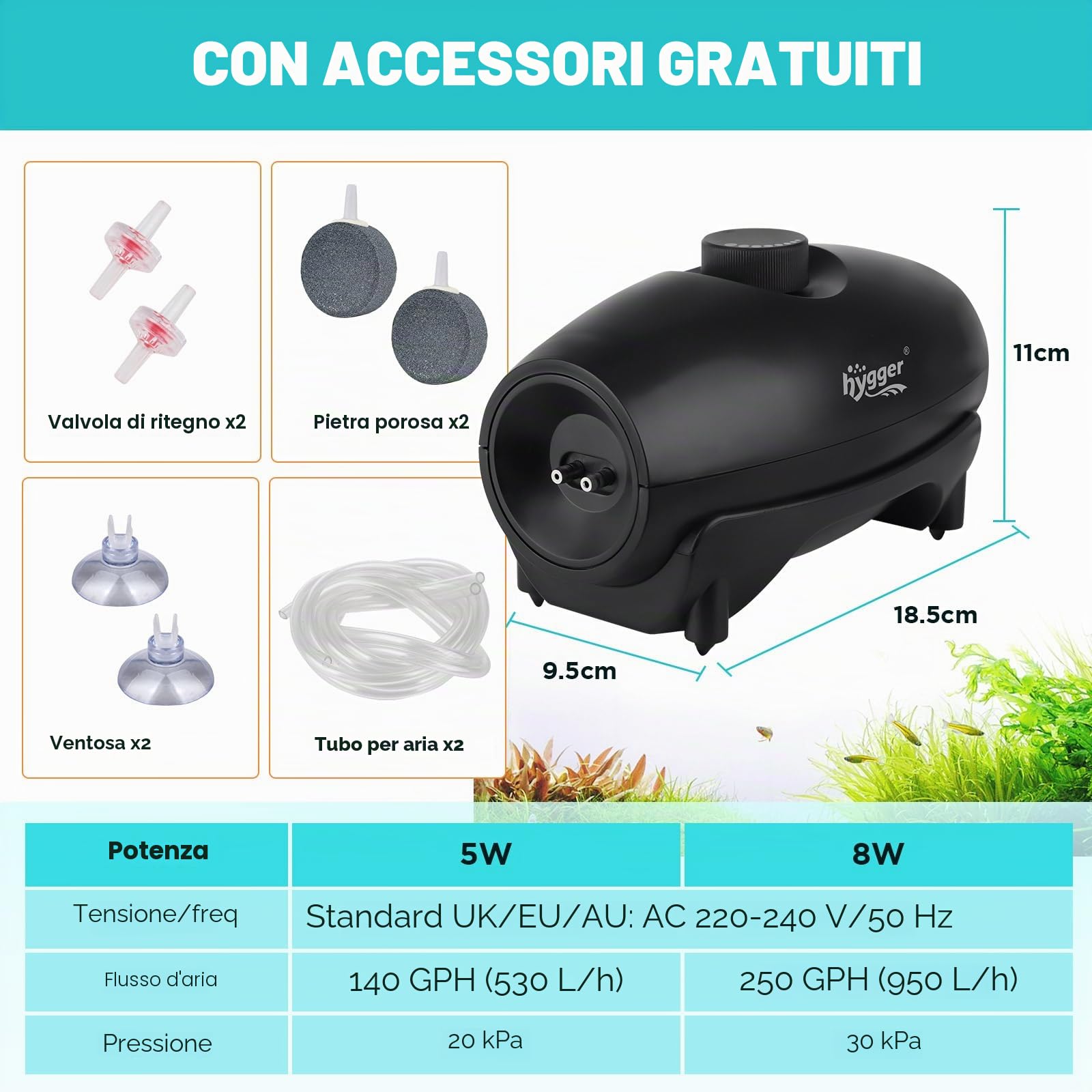 hygger Ossigenatore per Acquario,5W Pompa ad Aria per Acquario Regolabile Pompa Ciotola per Pesce con Tubo Aria, Pietra Aerea E Valvola di Non Ritorno Air Pump Fish Tank
