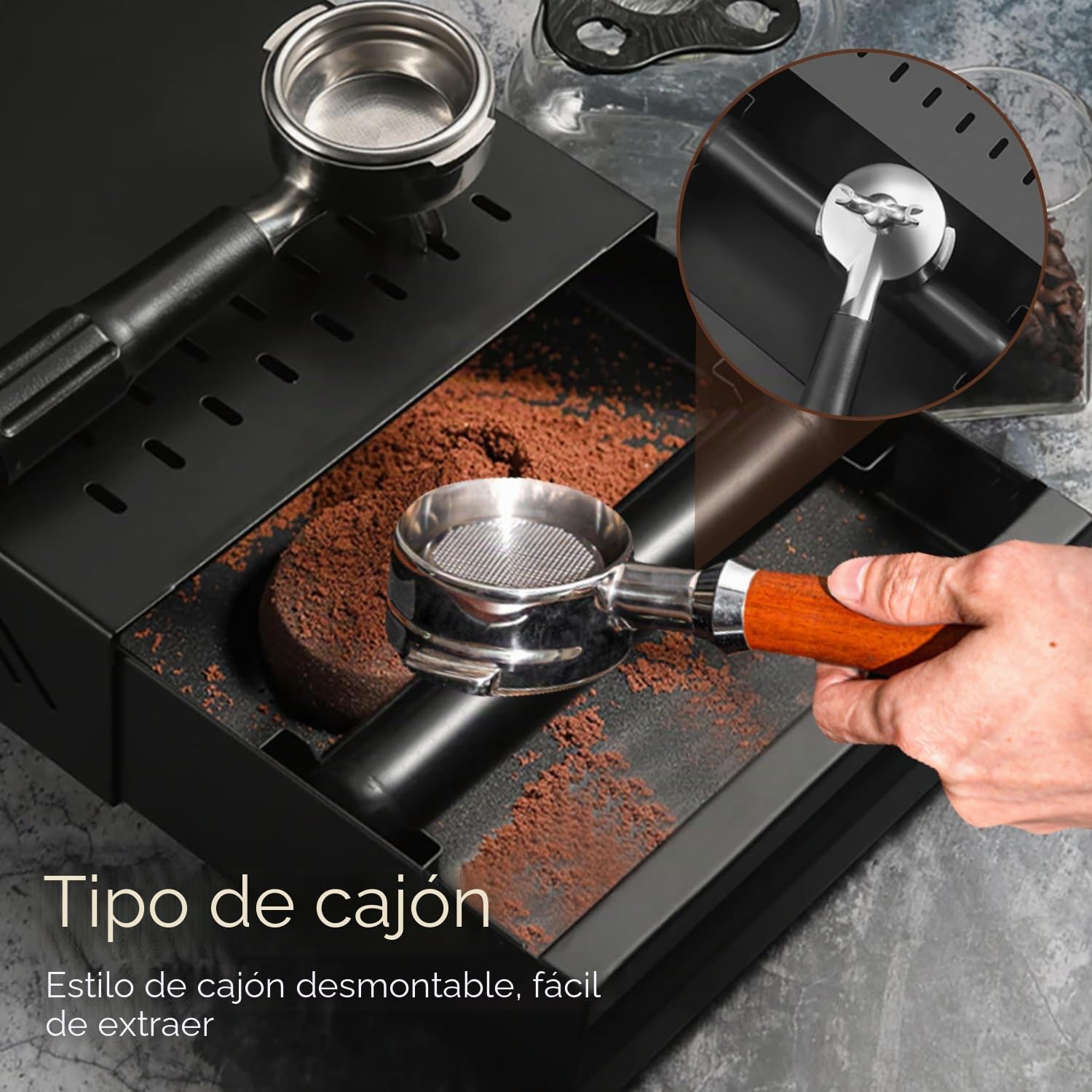 Cajón de Caja de Café, Caja para Posos de Café de Inoxidable con Palo de Golpe Contenedor de Posos de Espresso para el Hogar Oficina Restaurante Cafetería (Negro)