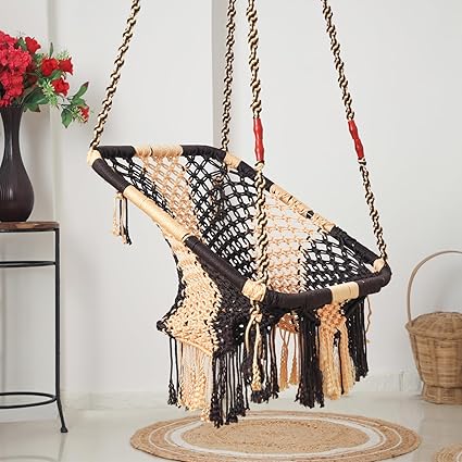 JULJULIA Square Shape Hammock Swing Hanging Chair uyyala jula for Adult Kids Indoor Outdoor Balcony Sturdy Cotton Indoor/Outdoor Jula for Balcony - Cream & Black (Pack of 1)