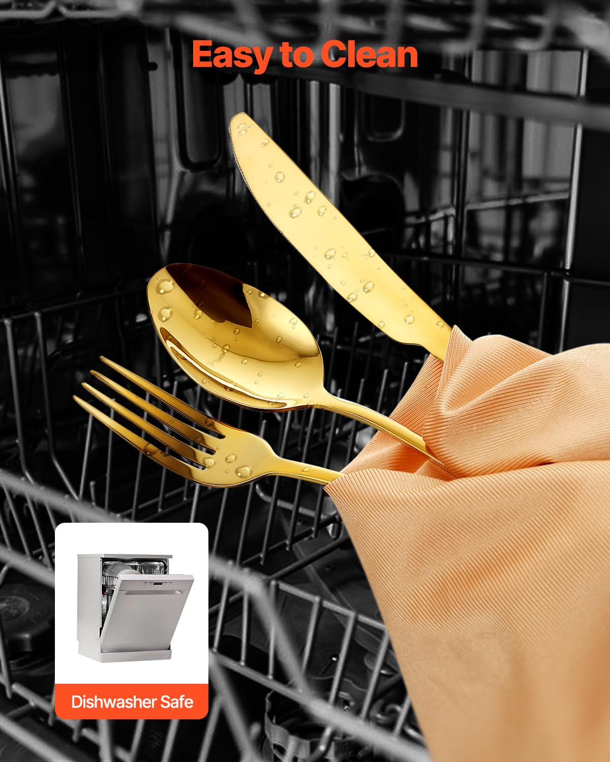 VEVOR Juego de Cubiertos de 60 Piezas, Acero Inoxidable de Grado Alimenticio para 12 Personas, con Acabado de Espejo, para la Cocina del Hogar, Incluye Cuchillo, Tenedor y Cuchara, Color Dorado