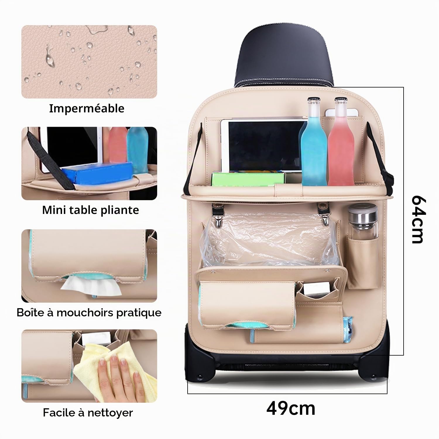 2 pcs Organisateur de Siège de Voiture, Protection de Siège Arrière de Voiture, PU Multifonctionnel Imperméable Anti-Coup de Pied, avec Compartiment pour Tablette de Table Pliante, 8 Poches, Beige