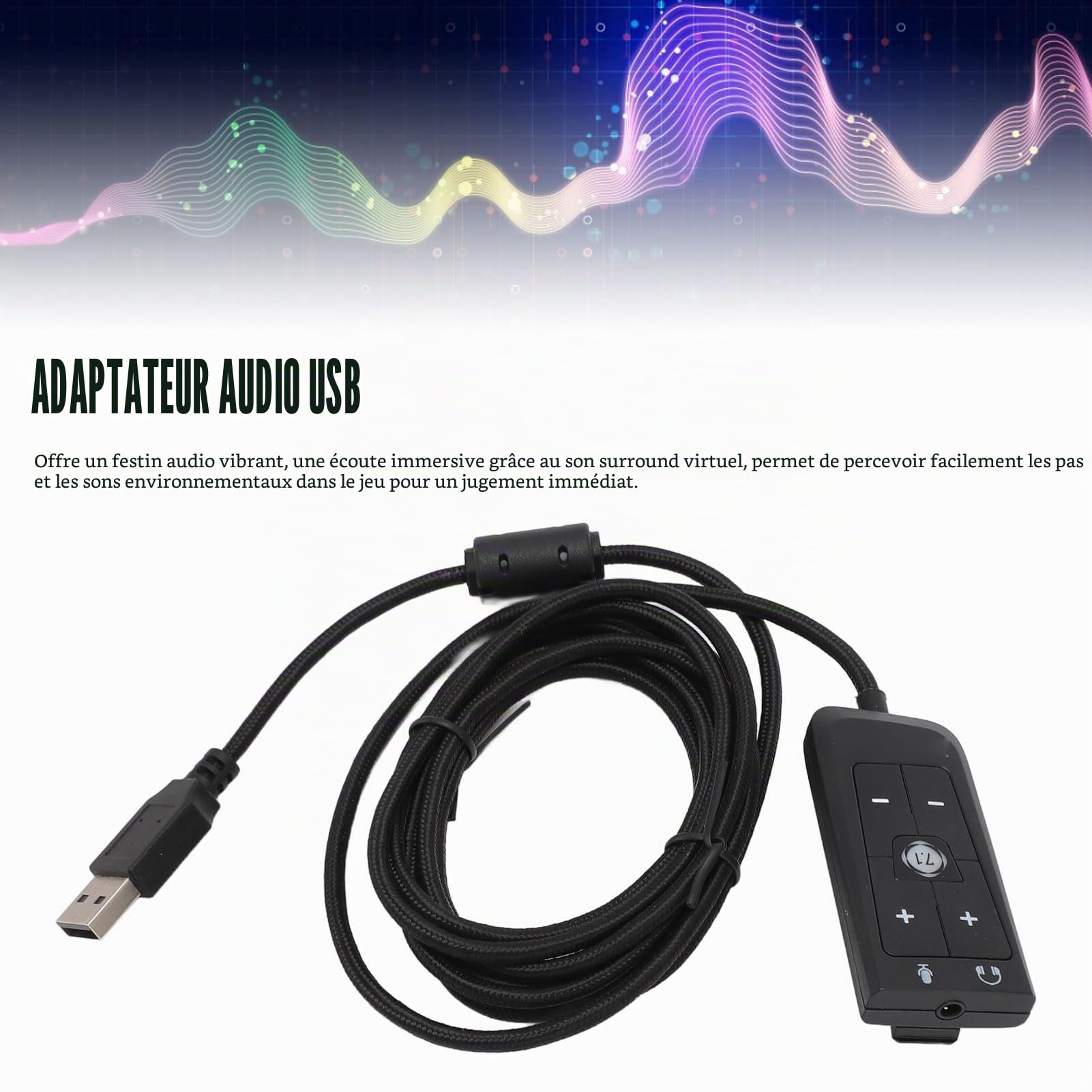 Adaptateur Audio USB vers Jack 3,5 Mm, Carte Son USB Externe avec Contrôle du Volume, Son Surround Virtuel 7.1, pour Casque de Jeu Hyper X Cloud II, Compatible avec PC,