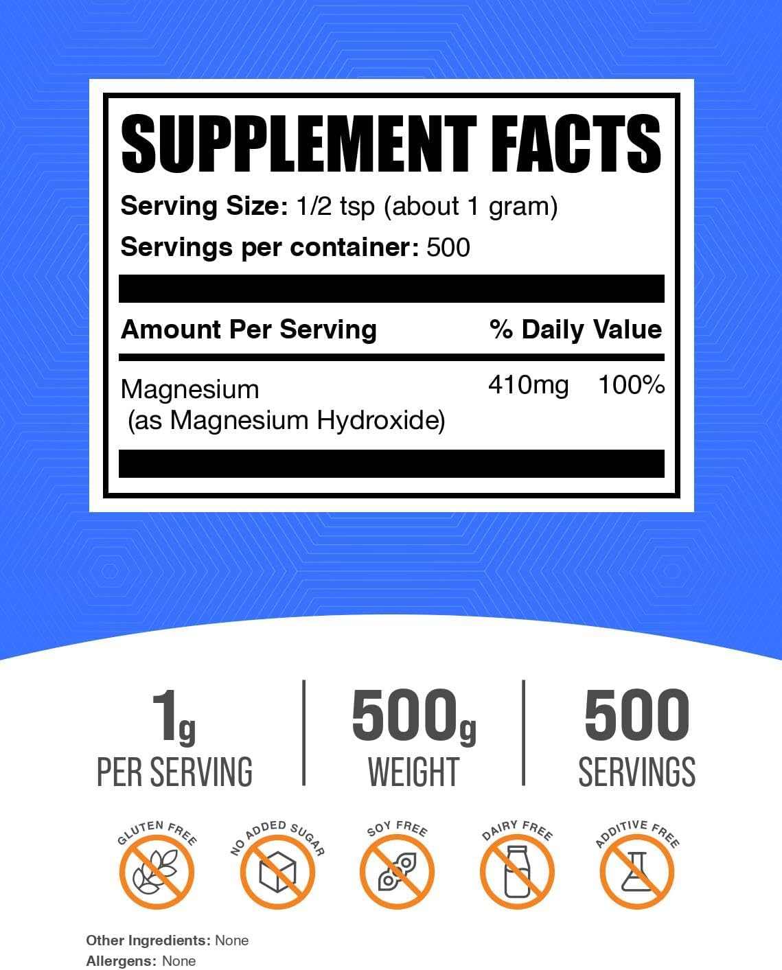 BulkSupplements.com Magnesium Hydroxide Powder - Magnesium Hydroxide Supplement - Food Grade & Gluten Free, 1g per Serving, 500g (1.1 lbs) (Pack of 1)