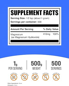 Magnesium Hydroxide Powder - Magnesium Hydroxide Supplement - Food Grade & Gluten Free, 1g per Serving, 500g (1.1 lbs) (Pack of 1)