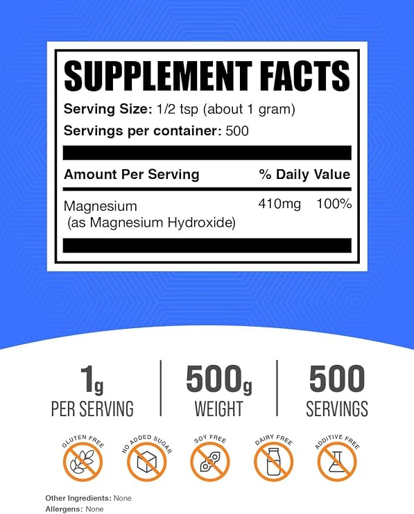 Magnesium Hydroxide Powder - Magnesium Hydroxide Supplement - Food Grade & Gluten Free, 1g per Serving, 500g (1.1 lbs) (Pack of 1)