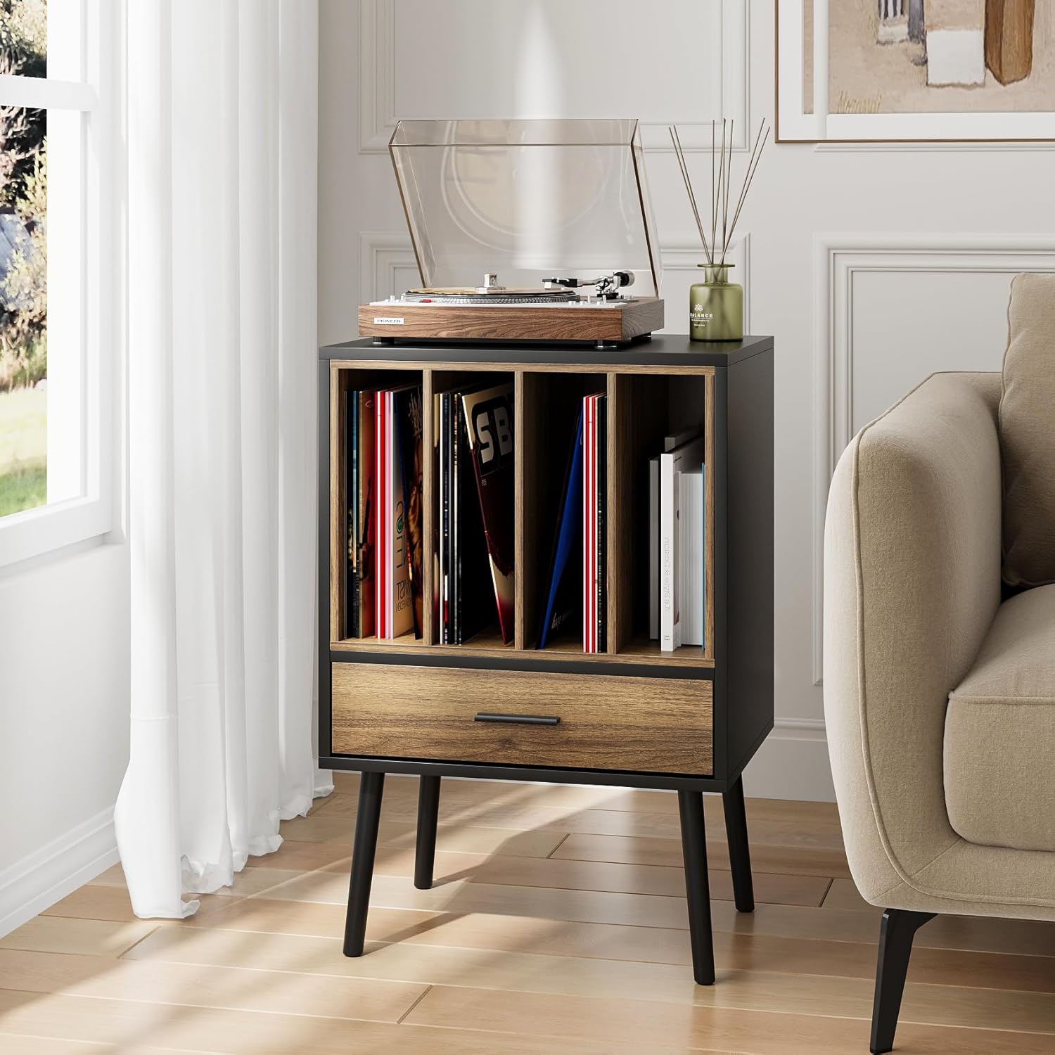 Record Player Stand with Vinyl Record Storage, Turntable Stand with Storage Cabinet Holds up to 180 Albums, Mid-Century Vinyl Holder Storage Shelf for Living Room Bedroom Office Small