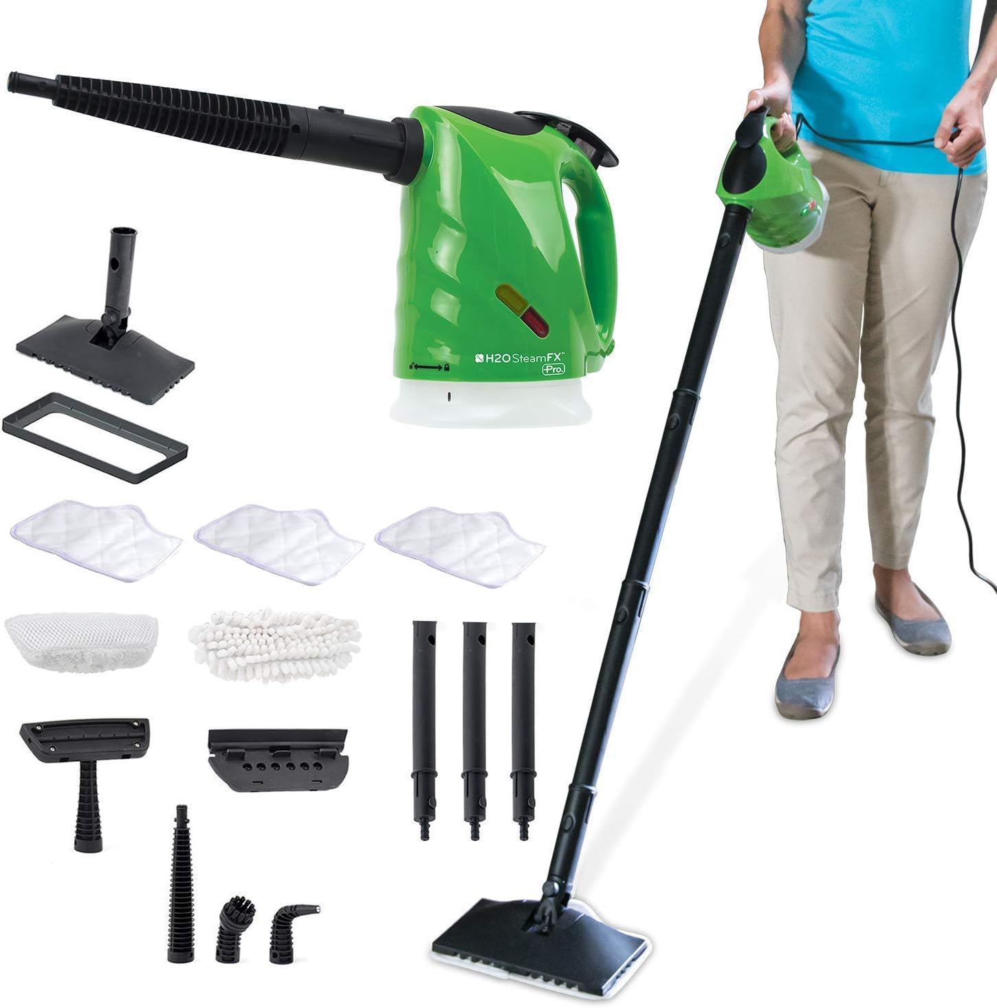 H2O SteamFX Pro with Additional 2pk Microfiber Floor Pads 5 in 1 All Purpose Hand Held Portable Steam Cleaner System for Home Use, Complete 12 Piece Accessory Kit