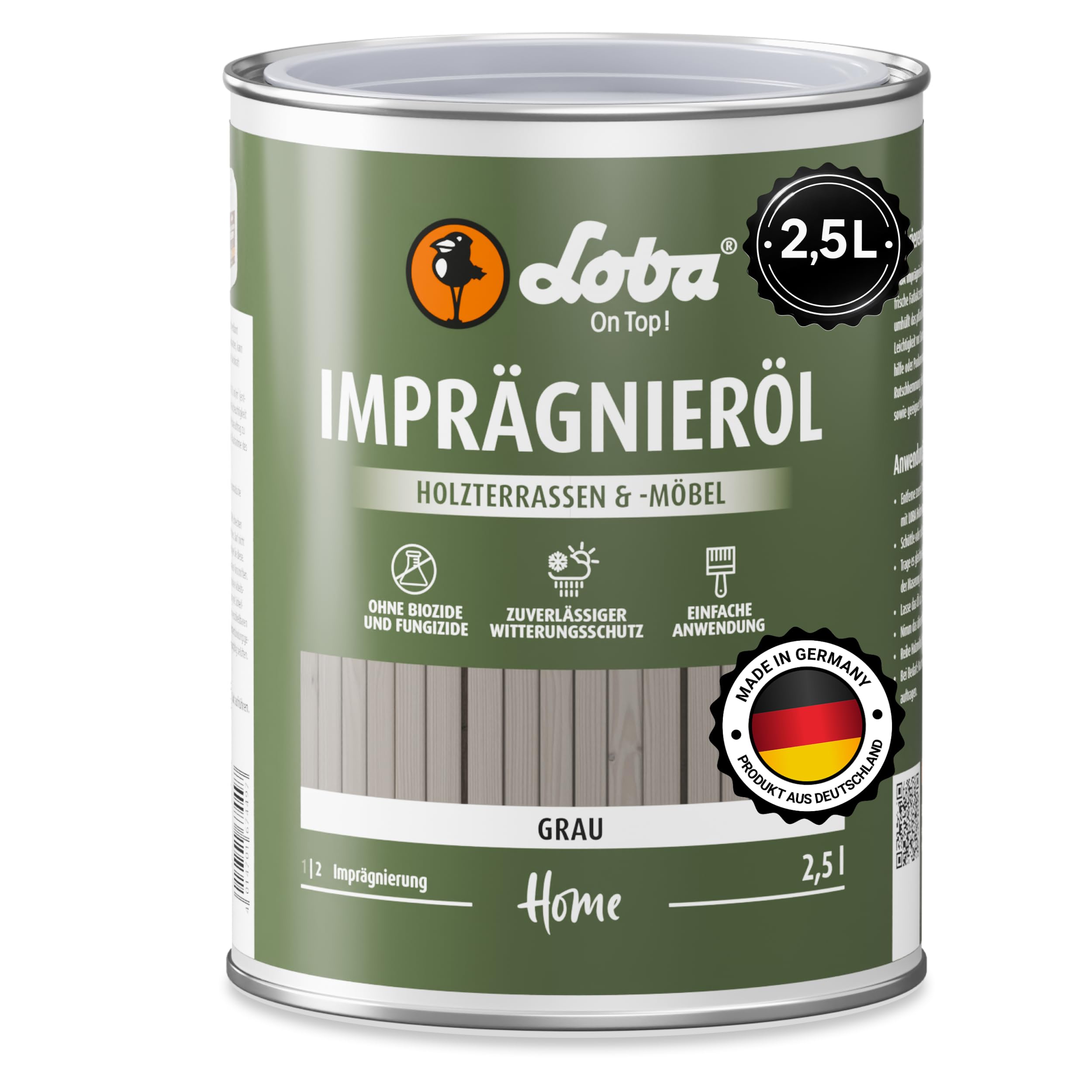 LOBA Imprägnieröl Grau Für Außenholz 2,5 l - Terrassenöl Mit Tiefenschutz - Schutz vor Regen, Frost & Sonne - Öl für Gartenmöbel & Holzoberflächen - Für Glatte & Geriffelte Dielen