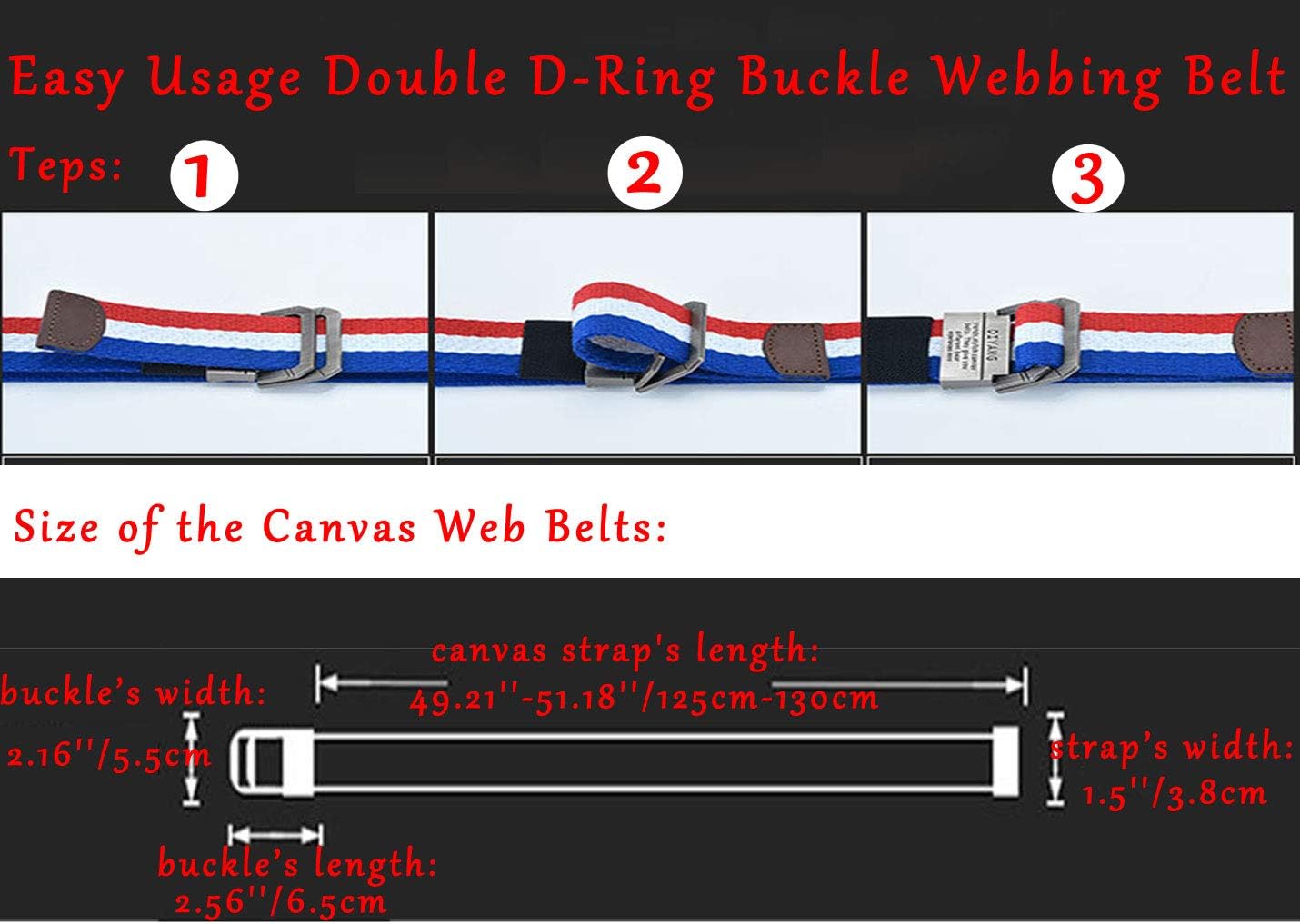 Flygo Mens Canvas Web Belt Double D-Ring Buckle 1.5" Wide Leather Tip Multi-Color Tactical Military Webbing Belts