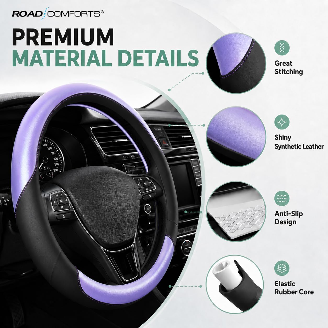Road Comforts Steering Wheel Cover – Breathable Leather Steering Wheel Cover, Anti-Slip Grip, Universal Fit 14.5” to 15”, Heat & Cold Resistant for Cars, SUVs, and Trucks – Black & Shining Purple