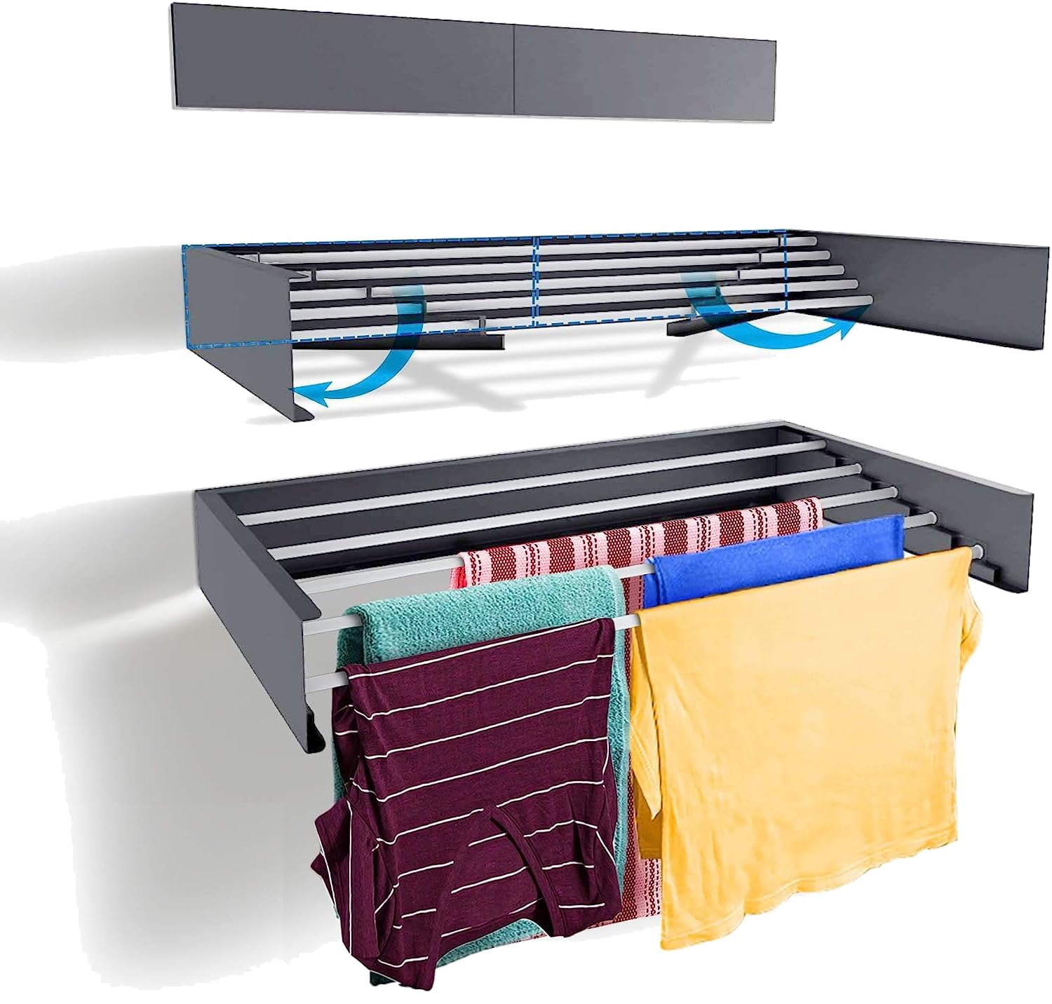 Rainbow Drywell Fold & Hide Metal Rust Free Clothes Drying Rack - Wall Mounting | Folding Collapsible Space Saver Cloth Drying Stand for Drying Color - Grey (100cms x 5 Pipes)-image-33