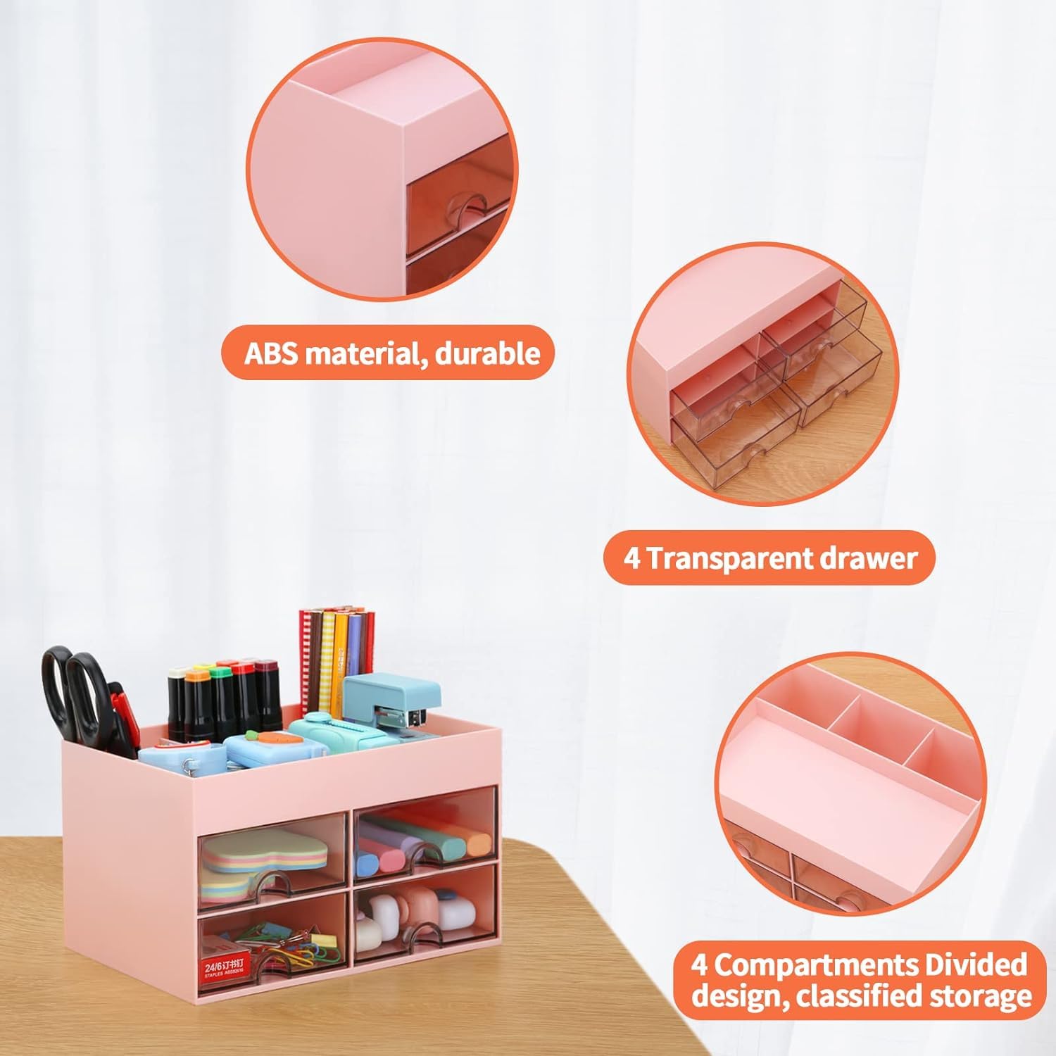 KAHEIGN Organizador de Escritorio 4 Cajones 19CM x 14CM Portalápices Gran Capacidad Rosa