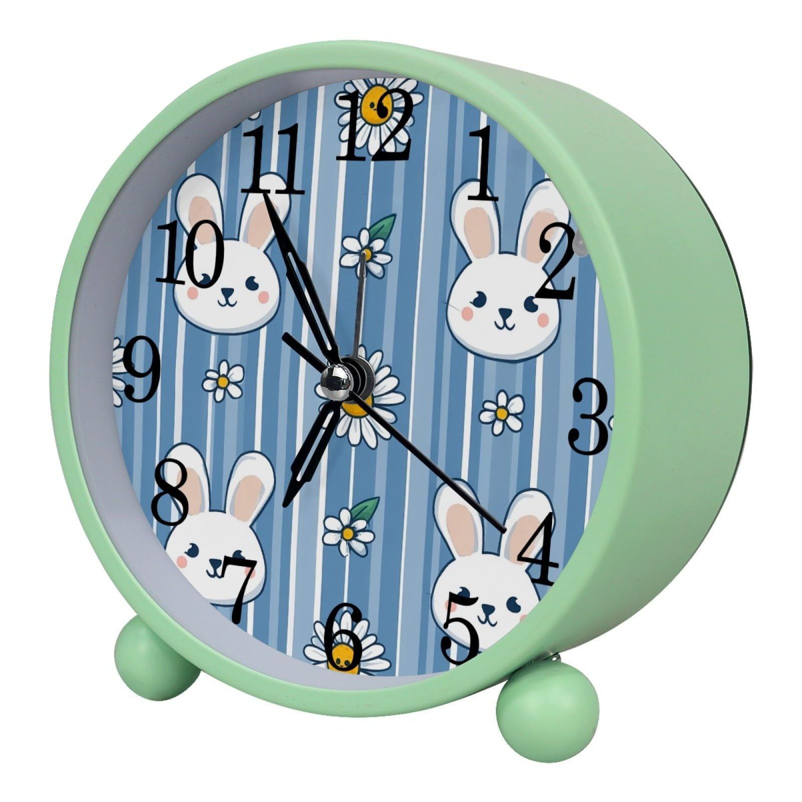etoenbrc Rabbit and Daisy Round Battery Operated Bedside Alarm Clock Non-Ticking Desktop Silent Analog Alarm Clock with Light