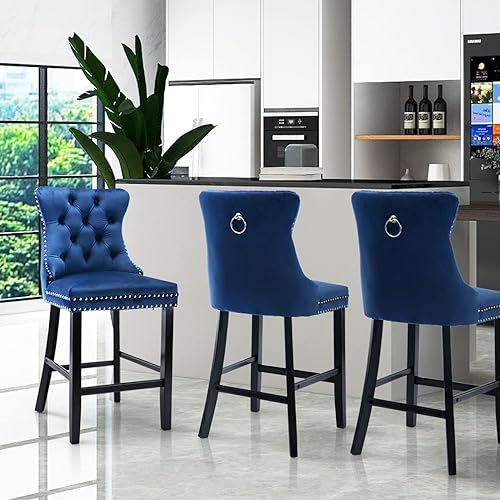 Miniatura 5 de SoarFlash Moderno juego de 2 taburetes de bar tapizados de terciopelo con patas de madera con botones cabeza de clavo cromada asiento de