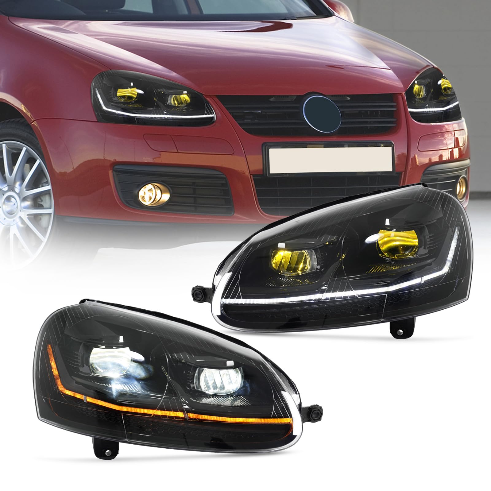 Archaic Reflektory kompatybilne z Volkswagen Golf 5 MK5 2003-2009 i Jetta 1k2 2005-2010, VOLKSWAGEN GTI/RABBIT 2006-2009 nie pasują do XENON/HID, z sekwencyjnymi kierunkowskazami, animacją DRL, z