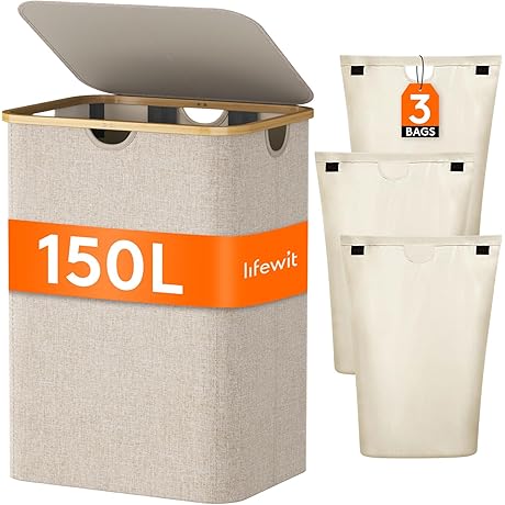 Lifewit Cesta para Ropa Sucia de 150L con Tapa de 3 Secciones,...
