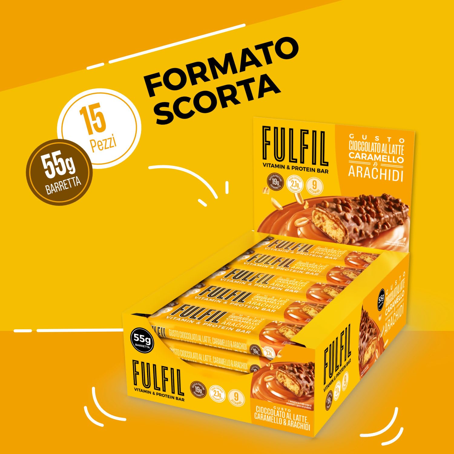 FULFIL - 15 Barrette Proteiche da 55 Grammi, Gusto Cioccolato Caramello e Arachidi con 9 Vitamine e Pochi Zuccheri, Confezione da 825 Grammi