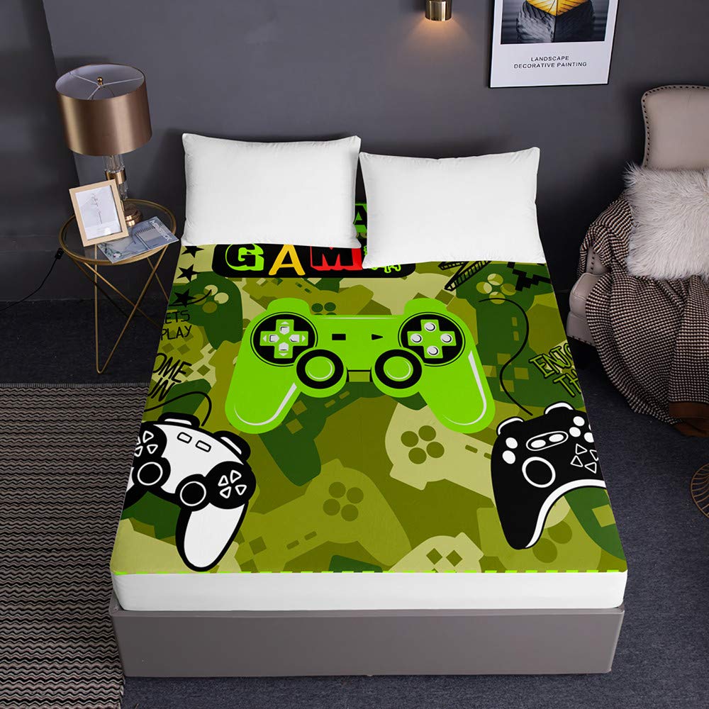 Drap housse en microfibre verte 180x200x30cm imprimé jeu vidéo