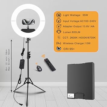 Ring Light 18 INCH Kit,55W6700k Dimmable LED Light, Tripod Stand, Remote Controller,Box for Camera,Smartphone,YouTube,TikTok,Self-Portrait Shooting,CRI95 (Black)