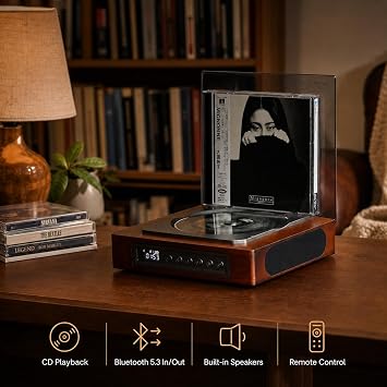 DVP-560 Retro Bluetooth CD Player with Speakers for Home, Remote Control | Retro Wooden Design, Bluetooth 5.3 In/Out, Disc & USB Playback, Optical & Headphone Output, Gift for Music Lovers