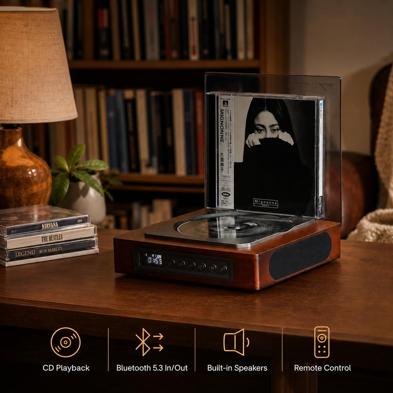 DVP-560 Retro Lettore CD portatile per la casa, lettore CD in legno con doppio altoparlante e decorazione per la casa, telecomando, batteria ricaricabile 6-8 H, uscita SPDIF, Bluetooth, regalo