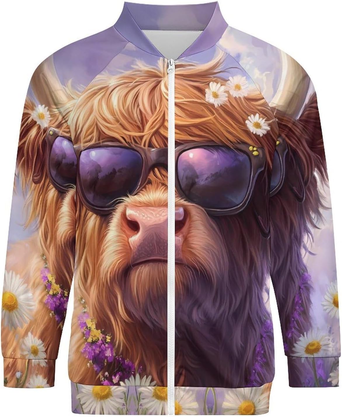 Highland Cow Daisy Flower Men's Zip Up Sweatshirt Casual Sweater Jackets Long Sleeve Tops Lightweight Coat