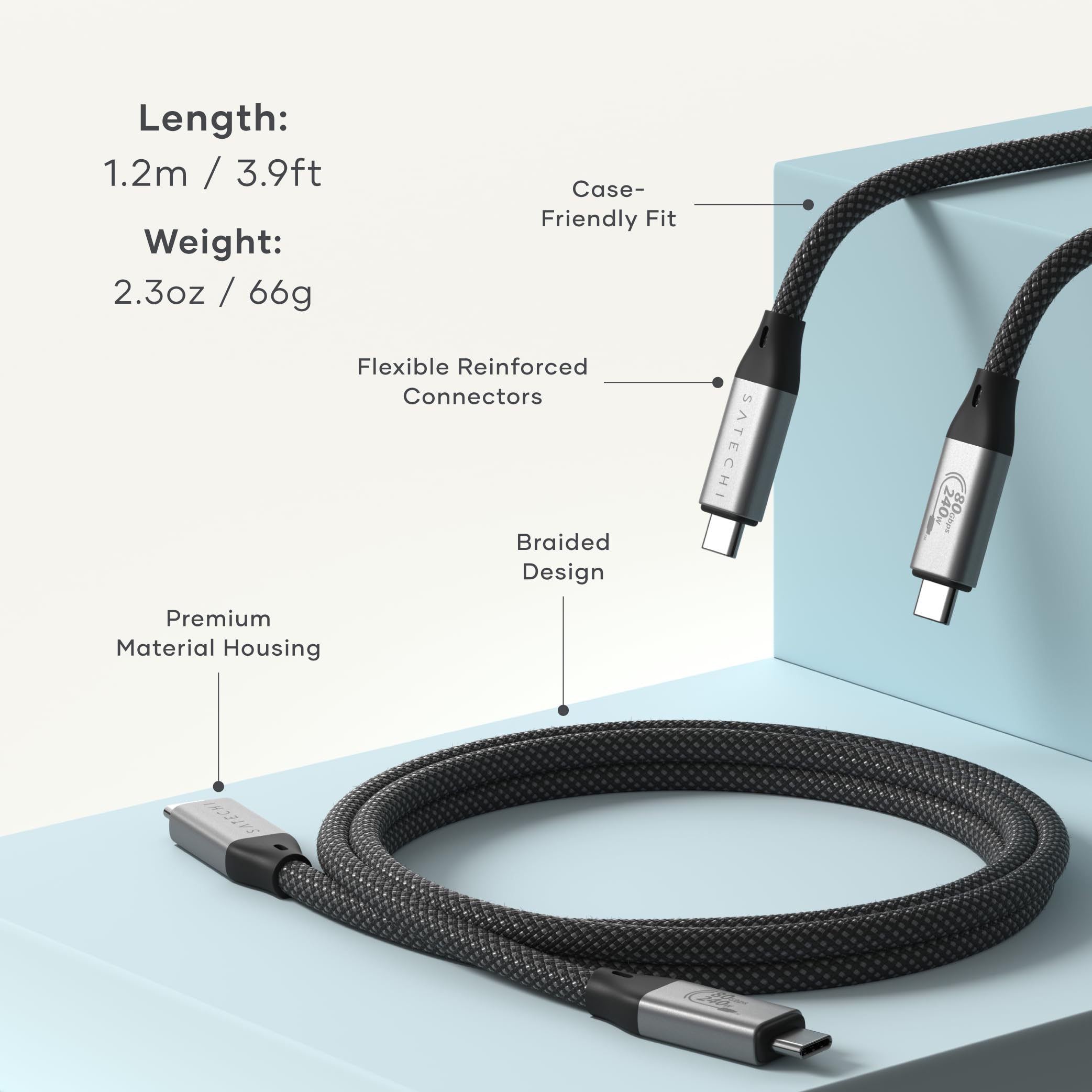 Satechi Cavo USB4 V2 Pro di Ricarica Rapida PD 240W con Lunghezza 1,2 m, Dati fino a 120Gbps, USB-C a USB-C, Risoluzione 8K@60Hz – 4K@120Hz, Thunderbolt 5/4/3 per MacBook Air/Pro/Neo