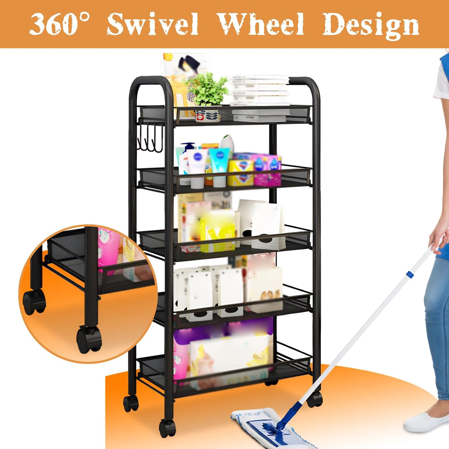 5 Tier Kitchen Storage Cart,Stackable Metal Mesh Fruit Vegetable Storage Basket with Hooks and Lockable Wheels,Narrow Shelf Unit for Kitchen, Bathroom, Bedroom, Office, Pantry, Black