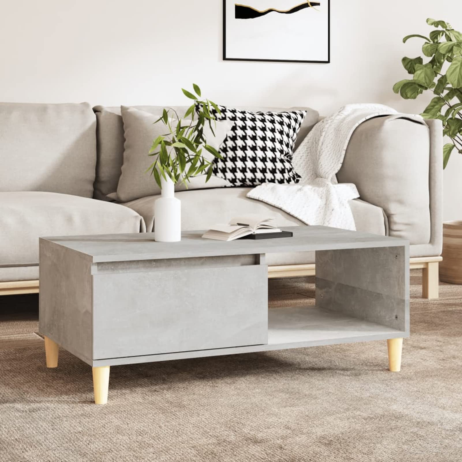 Mesa de centro escandinava con almacenamiento, 90x50x36,5 cm, gris hormigón, madera contrachapada y eucalipto