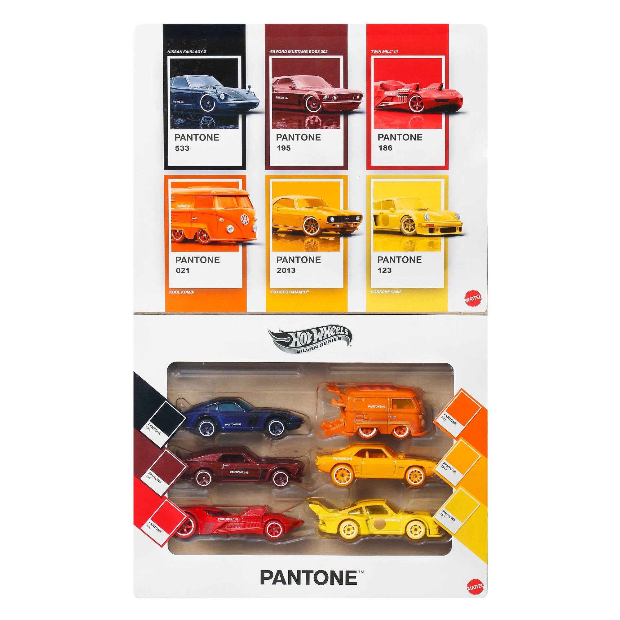 Hot Wheels Silver Series - Multi-Pack Veicoli Pantone, macchinine da collezione in scala 1:64, declinate in un'iconica colorazione Pantone e con confenzione artistica, JNK94